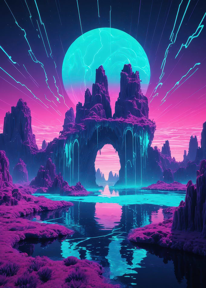 Neon Alien Archway Under a Turquoise Moon - Retro-Futuristic Landscape Print