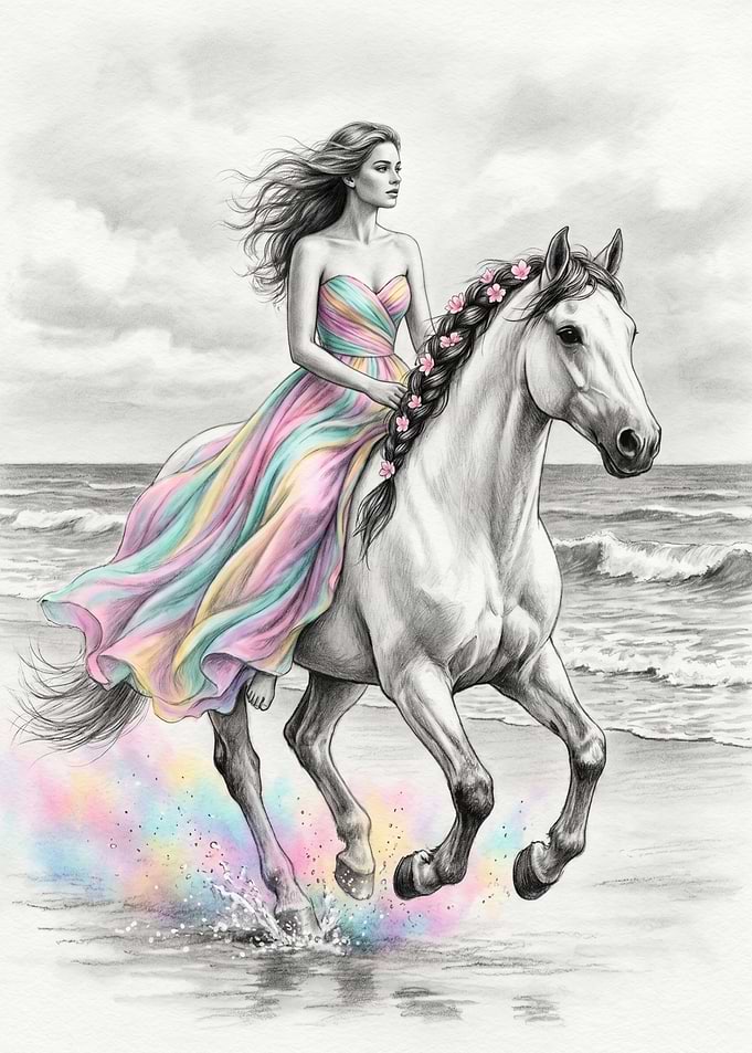 Woman Riding Horse on Beach