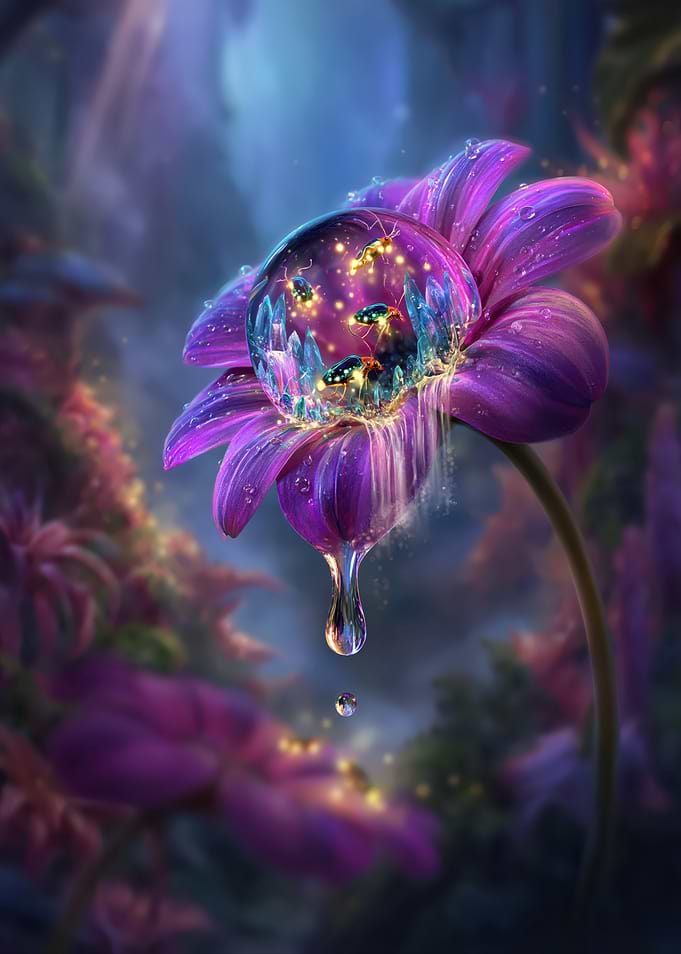 Magical Water Droplet on a Purple Flower