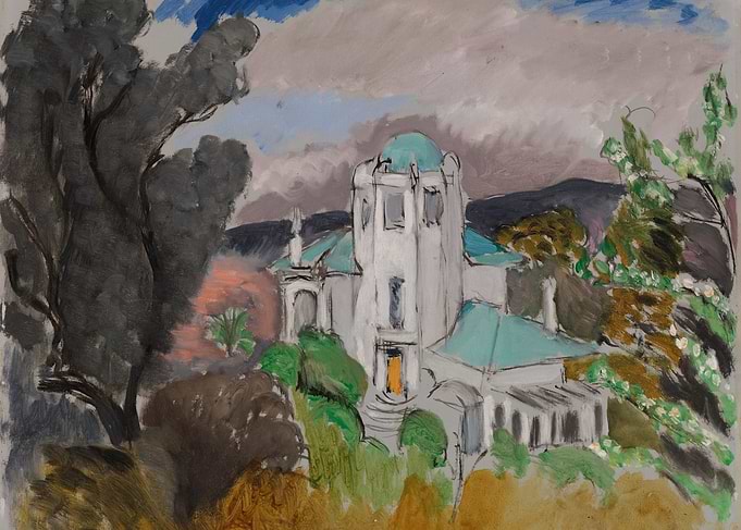 Impressionist Painting of a White House with Green Roof
