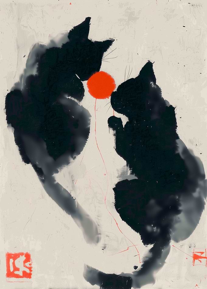 Two Black Cats and a Red Ball