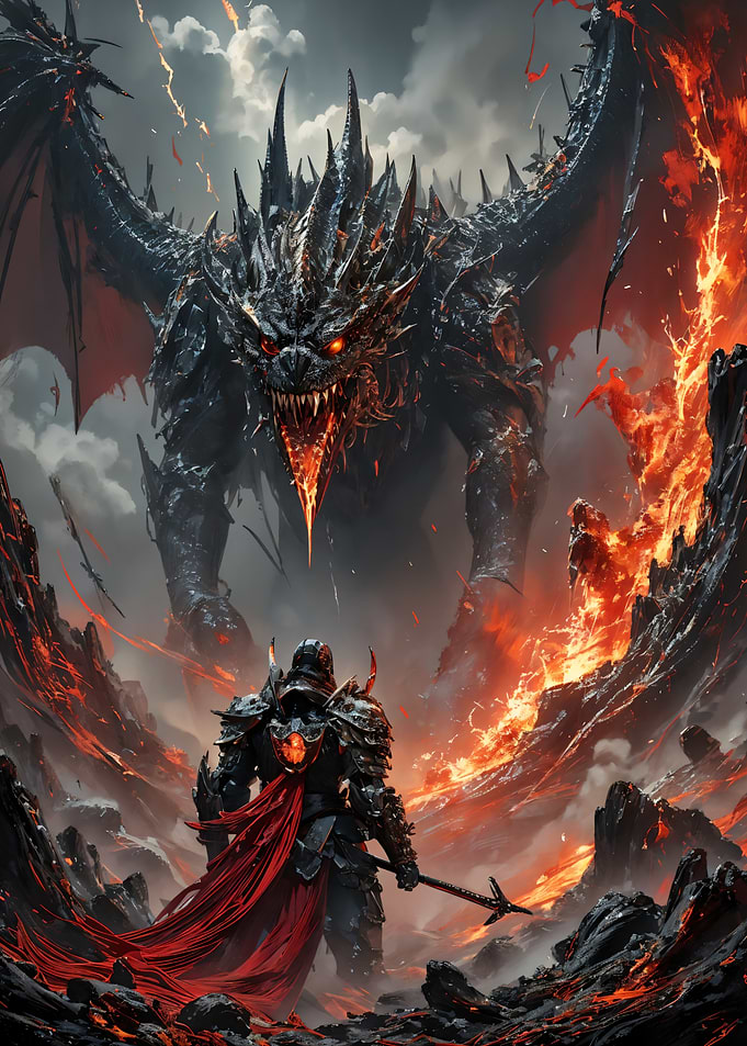 Knight vs Dragon in Fiery Landscape