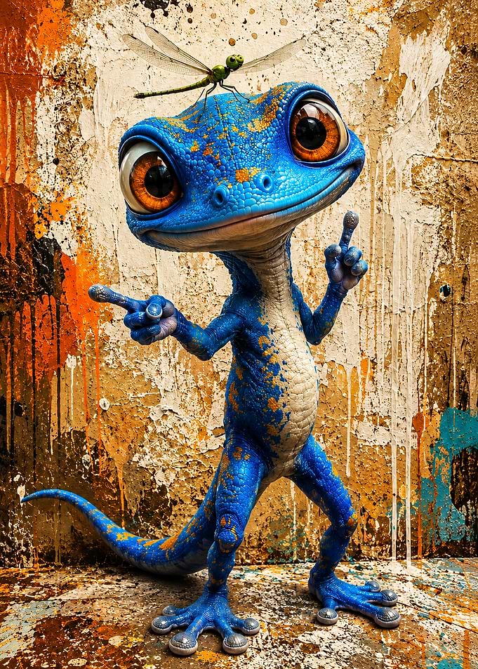 Blue Gecko with Dragonfly