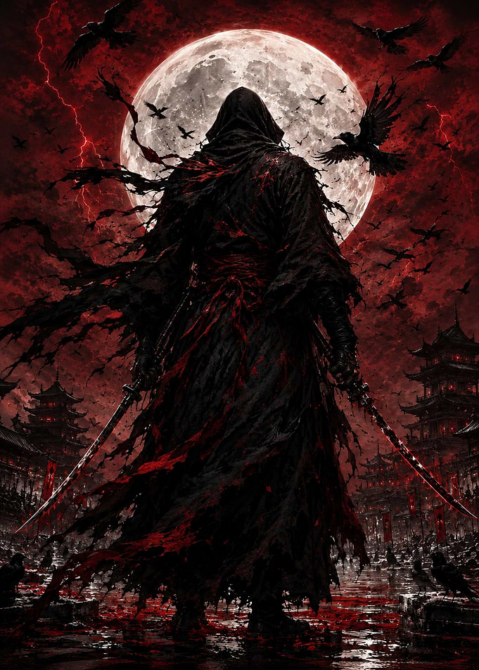 Grim Reaper Samurai Under Blood Moon