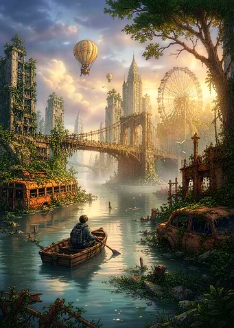 Post-apocalyptic city with a lone traveler