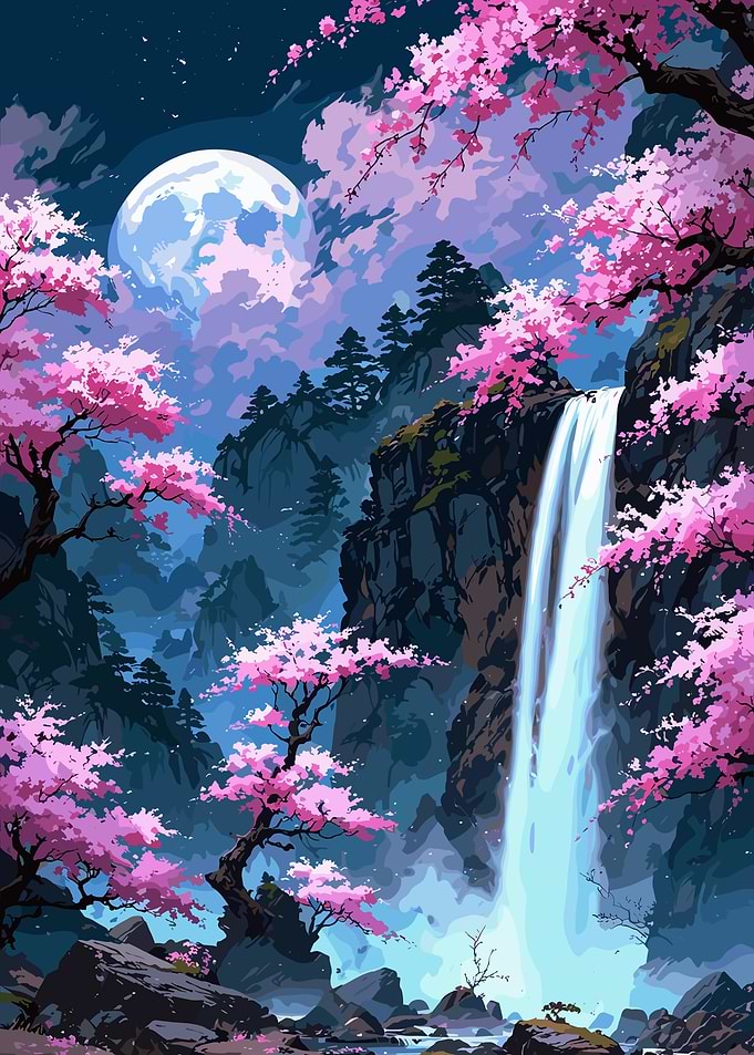 Enchanting Cherry Blossom Waterfall