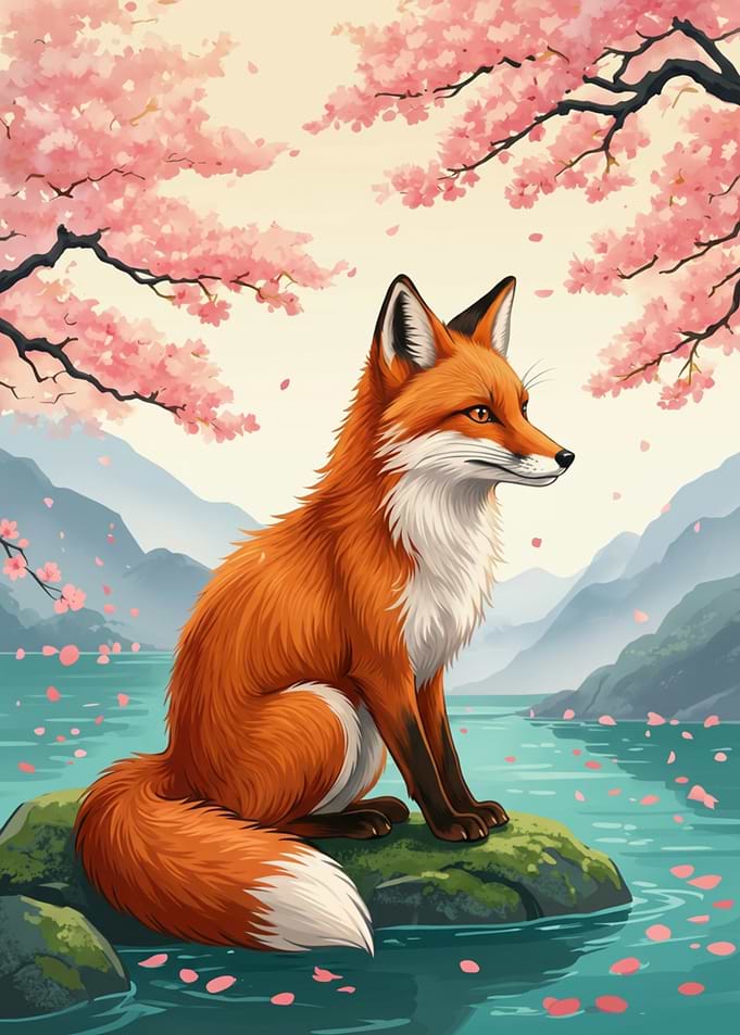 Fox by Cherry Blossoms and Lake