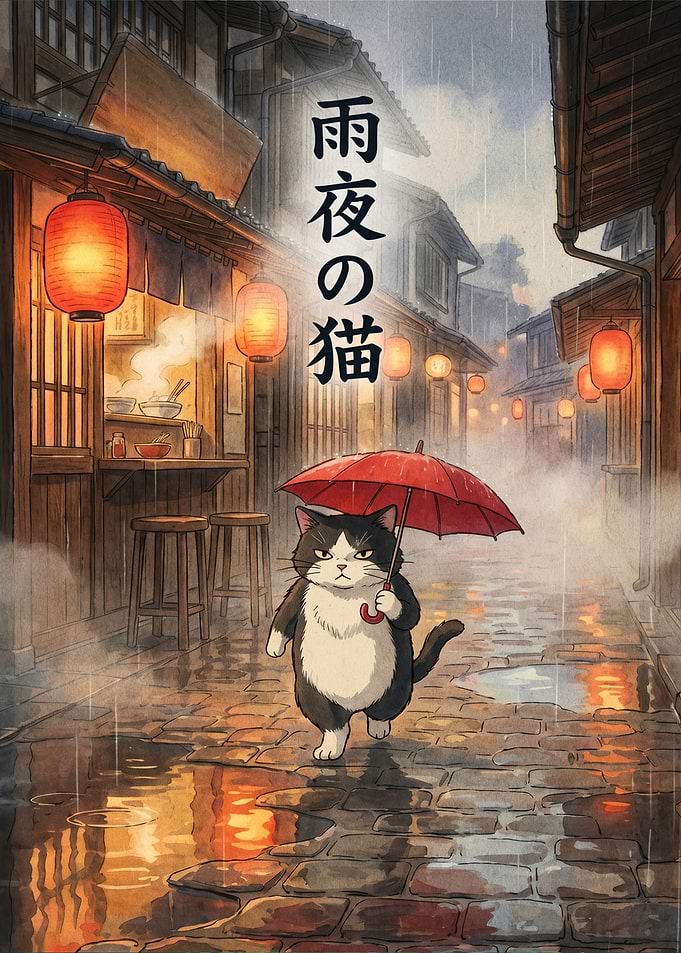 Cat with Umbrella in Rainy Japanese Street