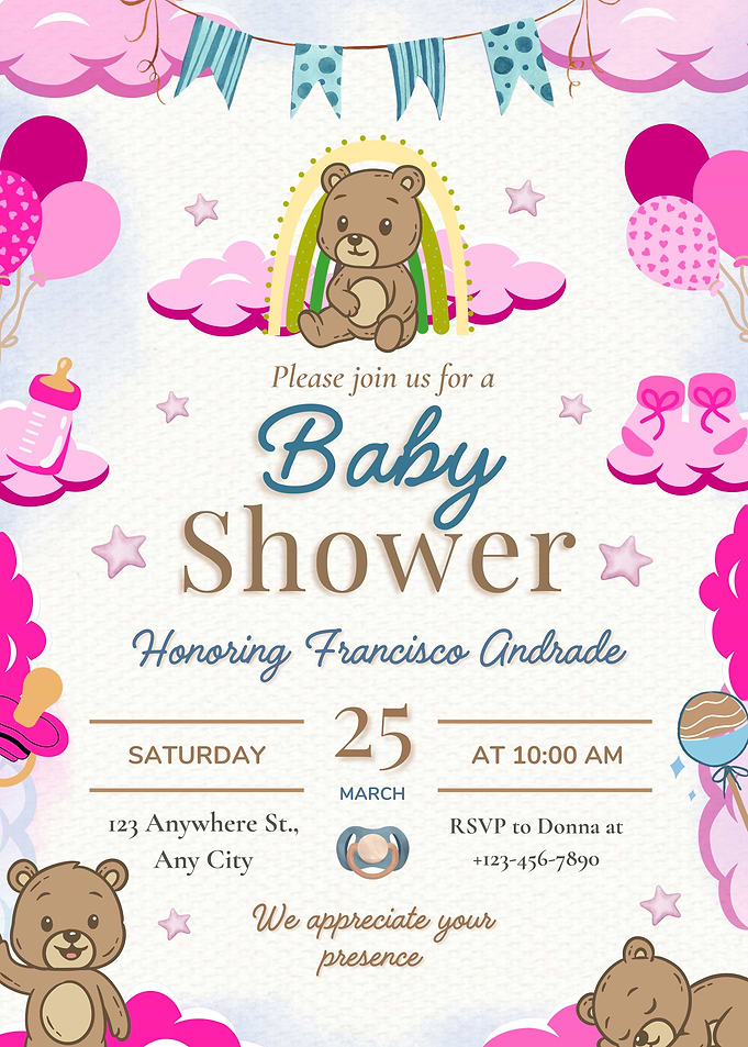 Cute Baby Shower Invitation with Teddy Bear