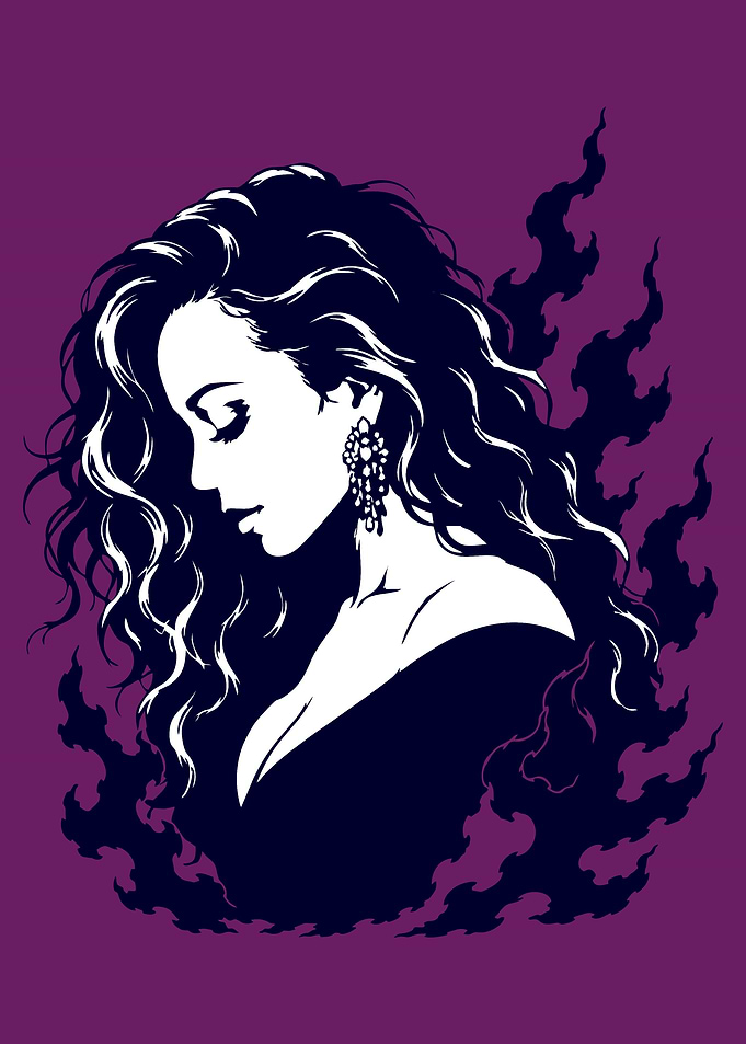 Mariah with flowing dark hair and flames