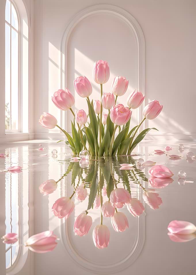 Pink Tulips Reflected in Water