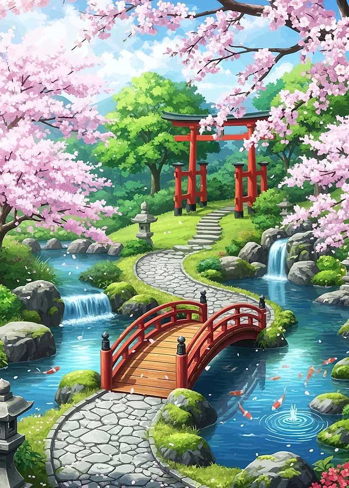 Serene Japanese Garden with Cherry Blossoms