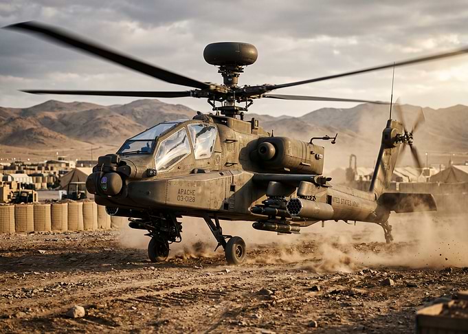 Apache Helicopter in Desert Base