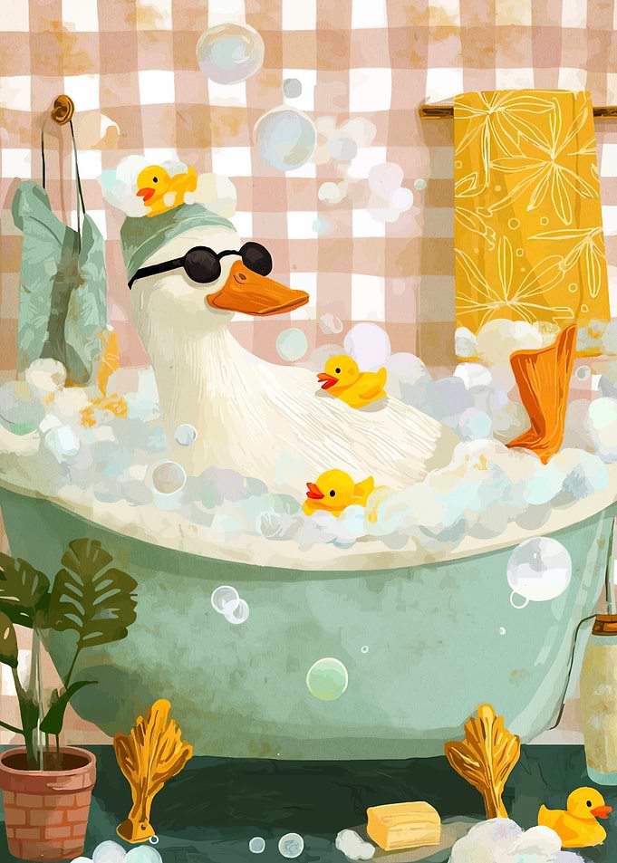 Duck in Bathtub with Rubber Ducks
