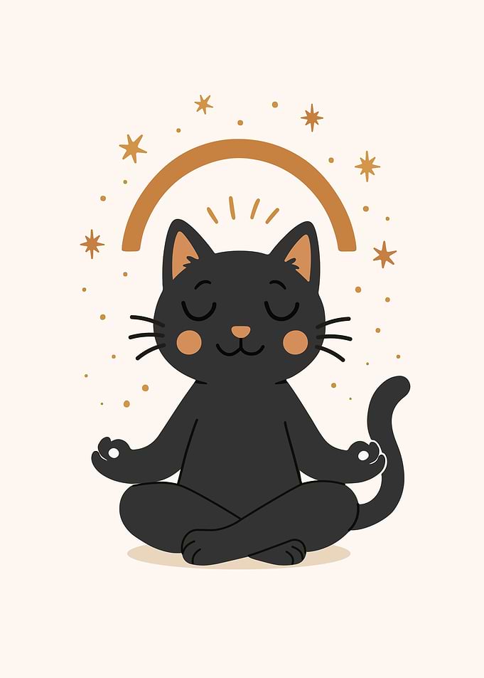 Zen Black Cat Meditating - Cute Minimalist Yoga Art