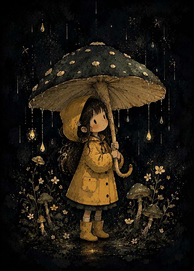 Girl with Mushroom Umbrella in Rain