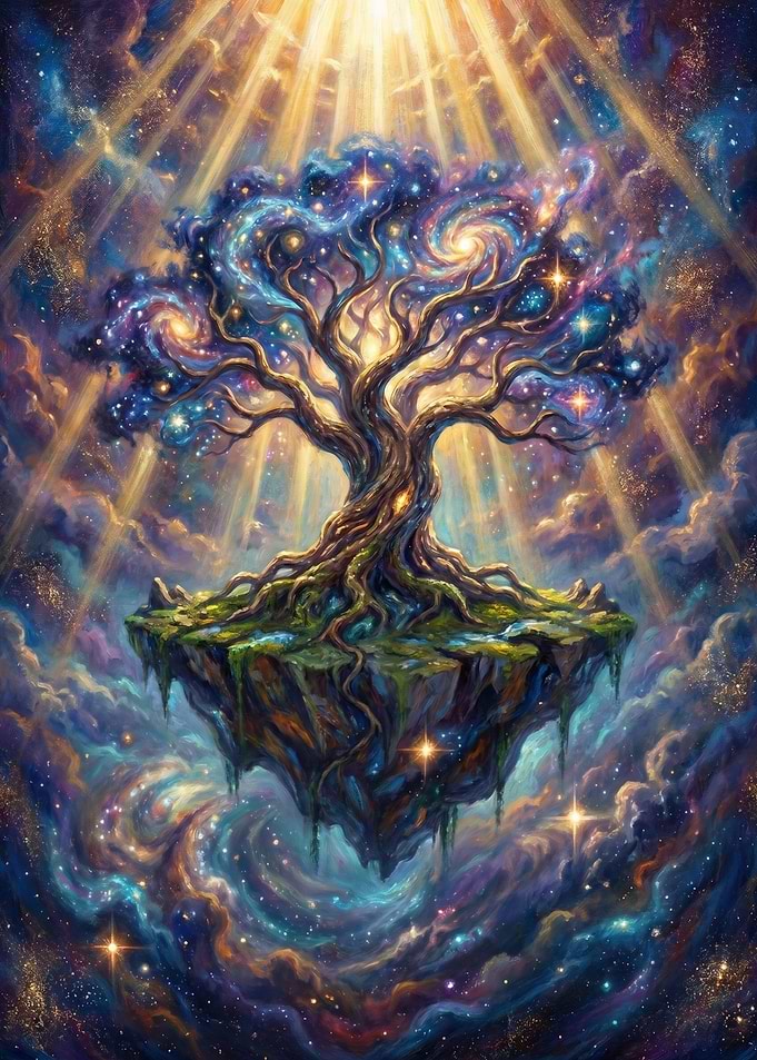 Cosmic Tree of Life on Floating Island