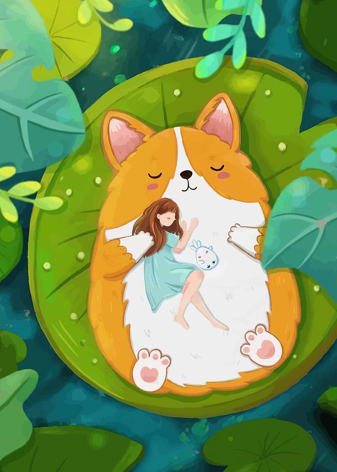 Cute Corgi and Girl Sleeping on Lily Pad