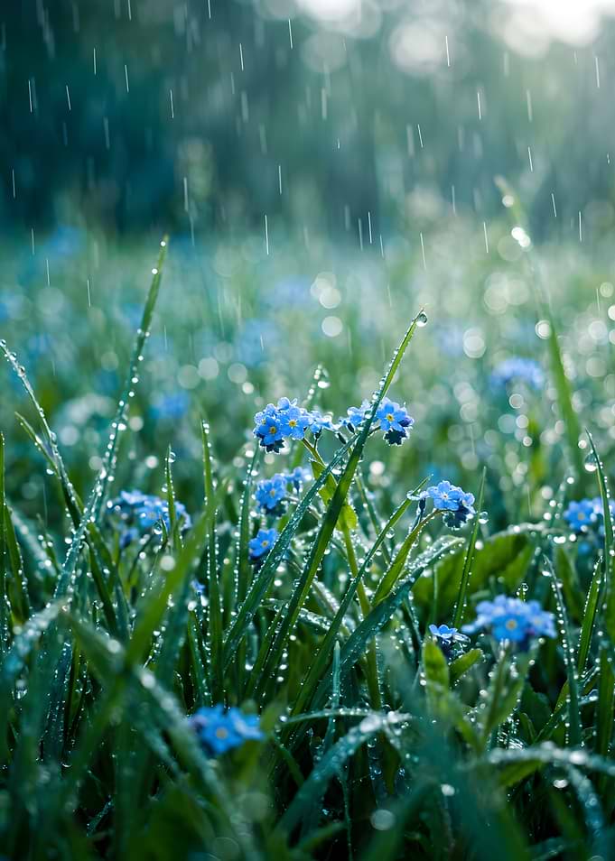 Blue flowers in the rain
