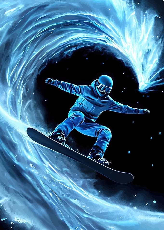Snowboarder in Blue Riding Through Ice Wave