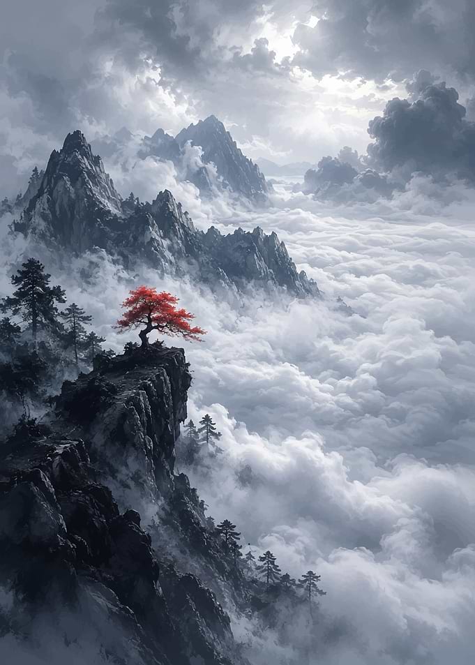 Red Tree on Mountain Peak Above Clouds