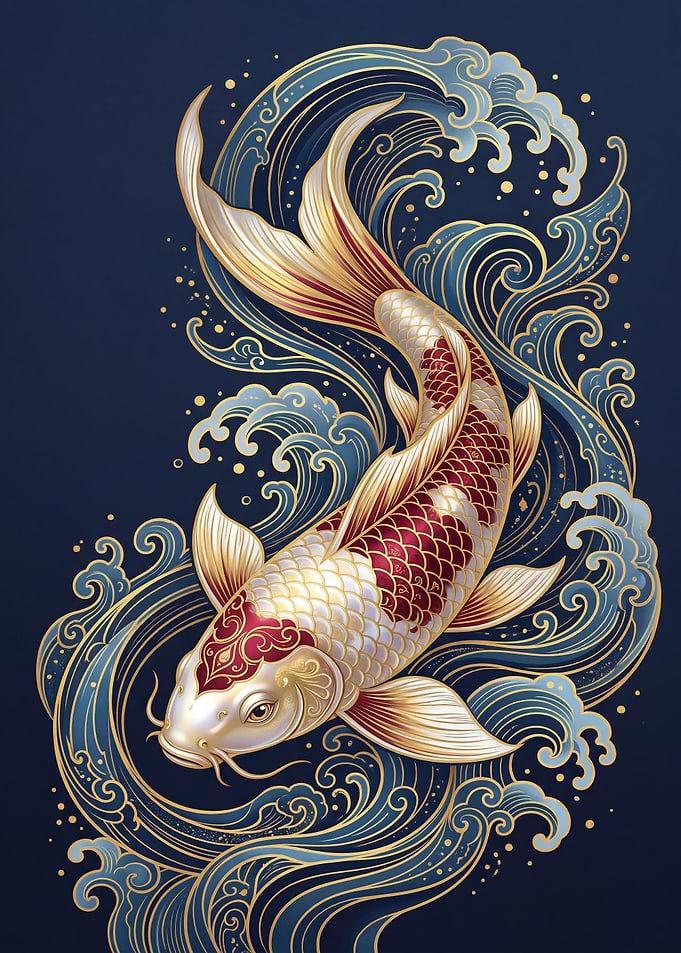 Golden Koi Fish in Blue Waves
