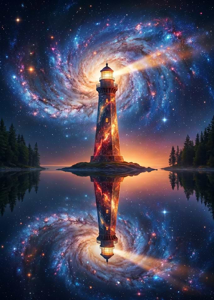Cosmic Lighthouse Reflection