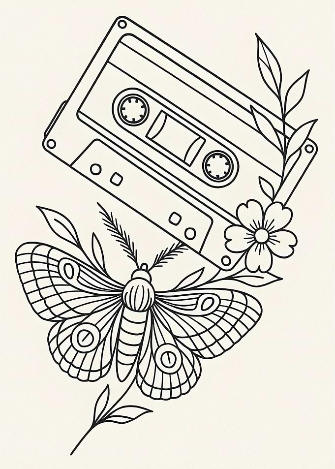 Cassette Tape and Moth Tattoo Design