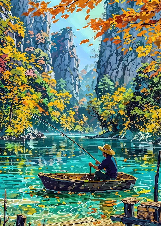 Fisherman in a boat during autumn