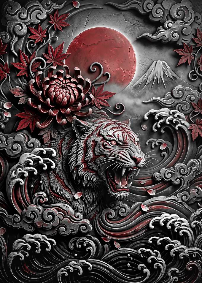 Fierce Tiger with Japanese Elements