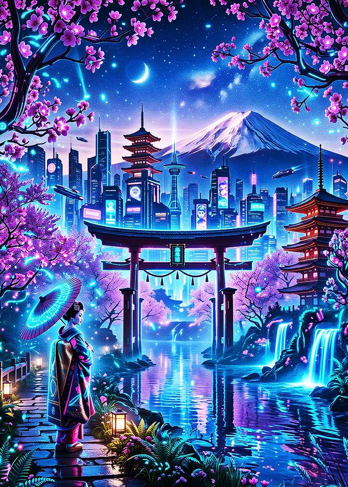 Cyberpunk Geisha in Neon Japanese Cityscape
