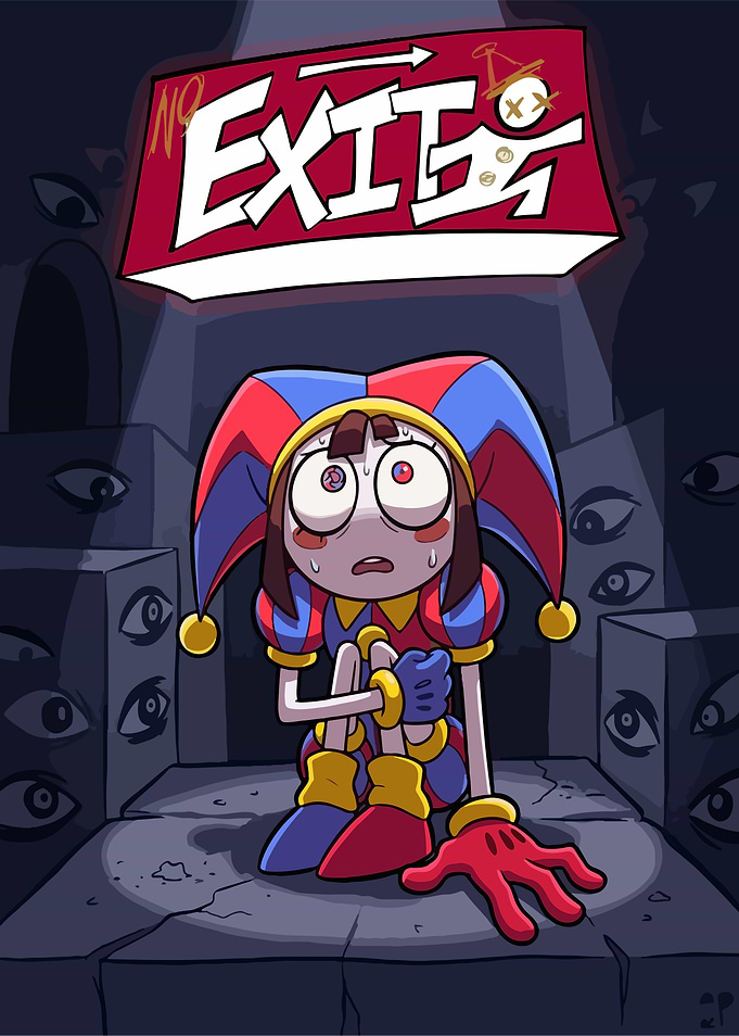 Pomni Scared Jester Under Exit Sign