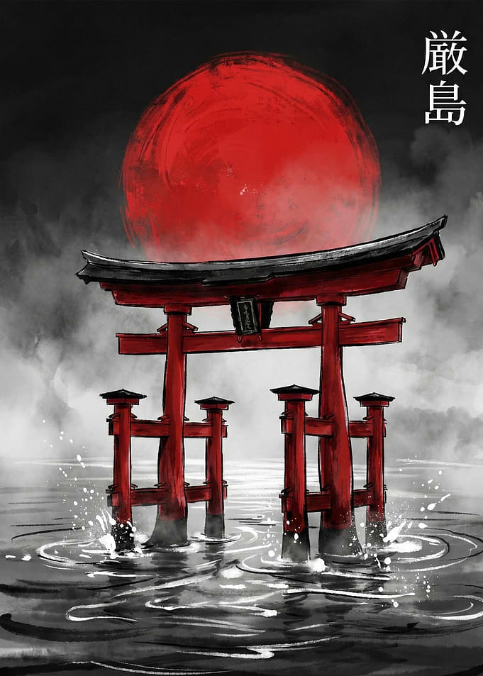 Torii Gate and Red Sun