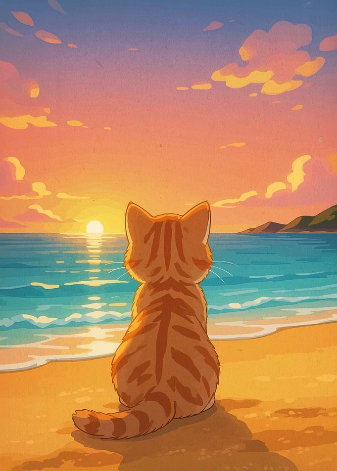 Kitten Watching a Sunset on the Beach