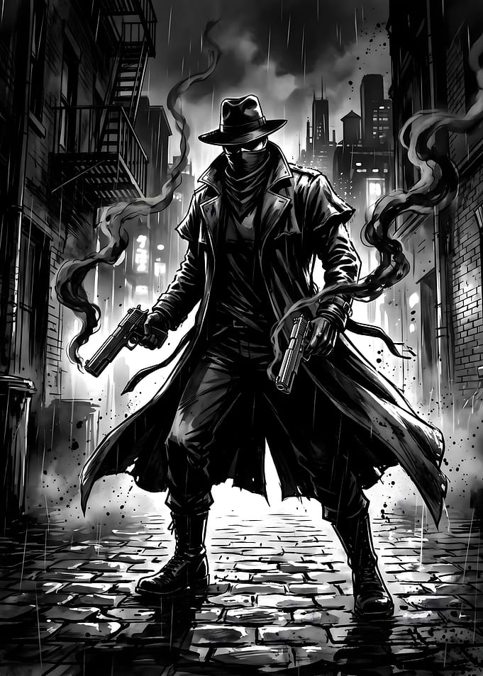 Noir Detective with two Guns in Alley
