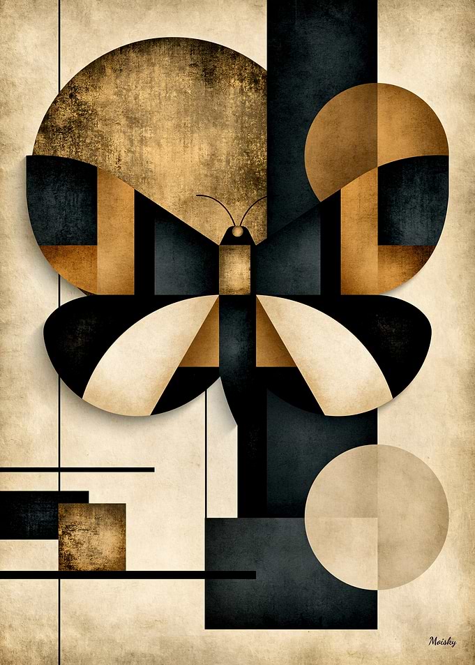Golden Japandi Luna Moth No. 23 – Japanese Geometric Wall Art