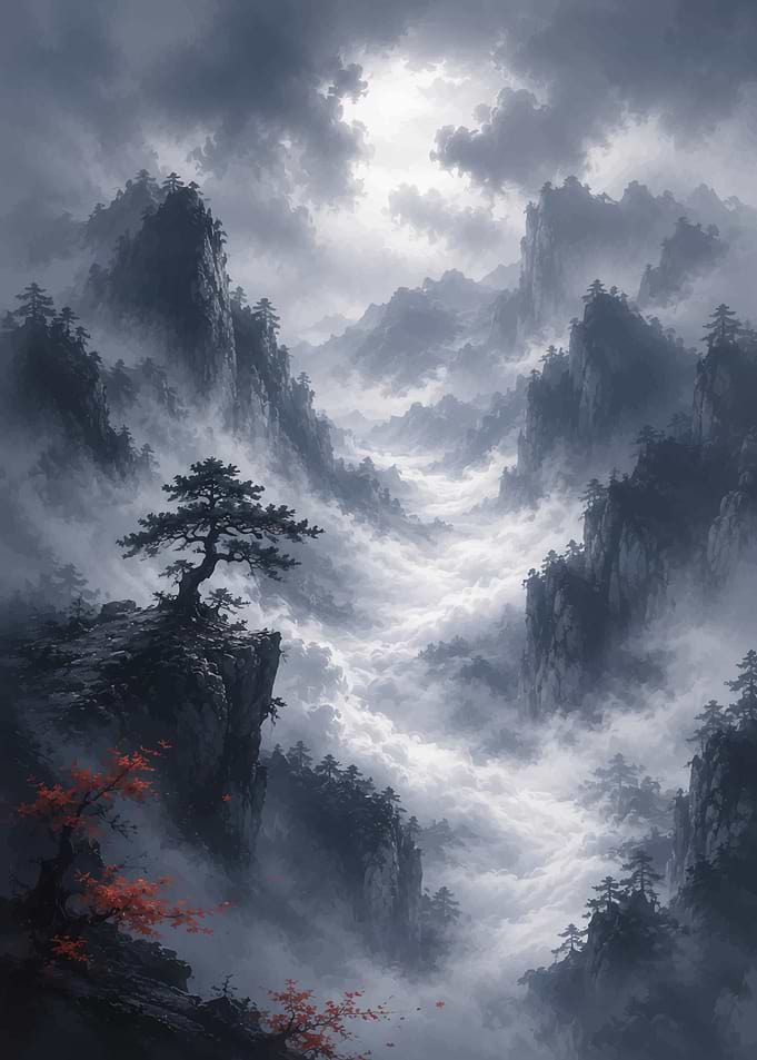 Misty Mountain Landscape with Pine Tree