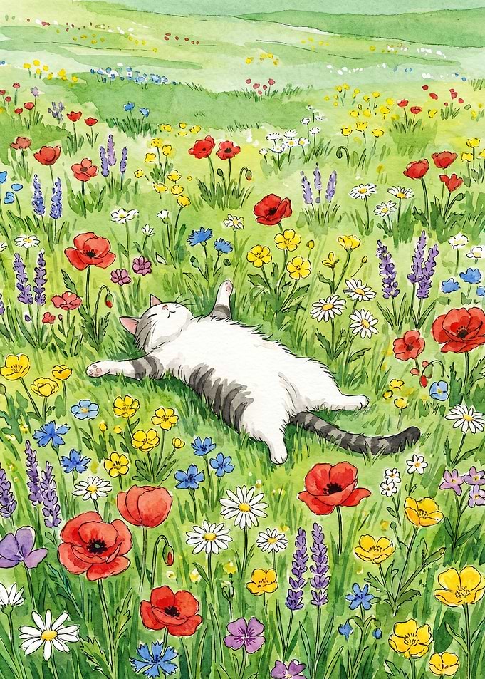 Cat Napping in a Wildflower Meadow
