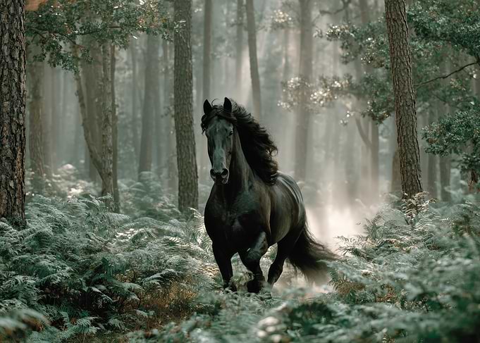 Black horse running in a forest