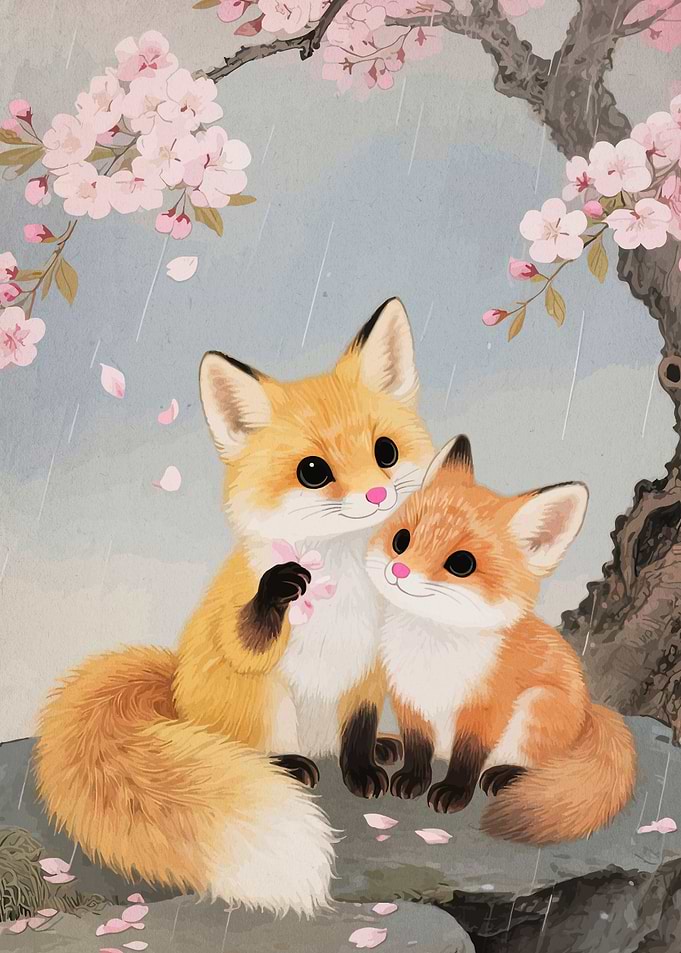 Two Foxes Under Cherry Blossoms in Rain