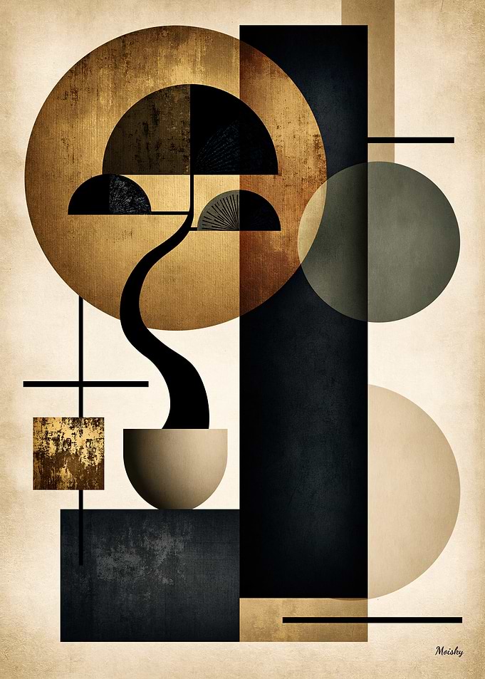 Golden Japandi Bonsai No. 07 – Japanese Geometric Wall Art
