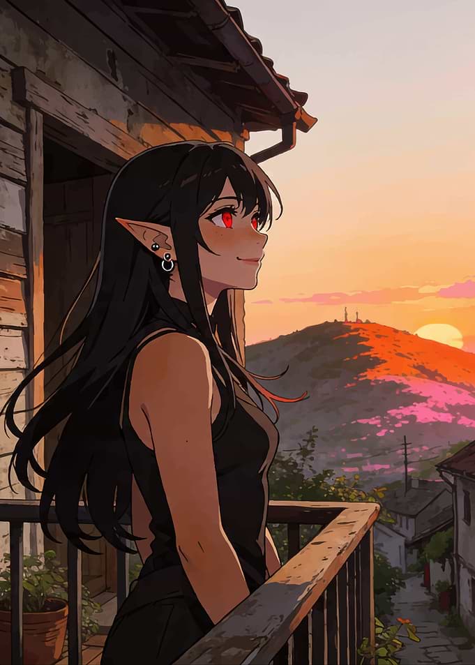 Anime Elf Girl on Balcony at Sunset