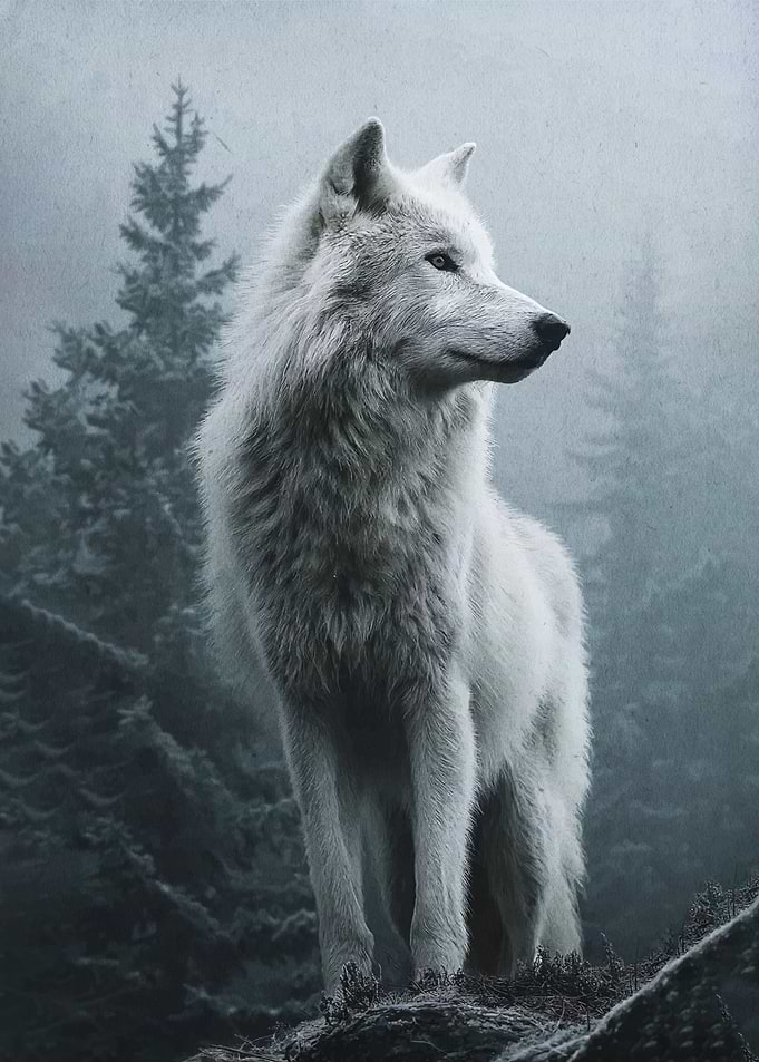 Majestic White Wolf in Misty Forest