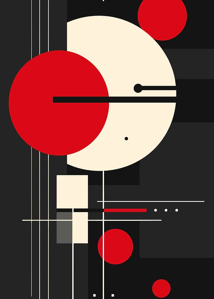 Abstract Geometric Composition with Red and Cream Circles