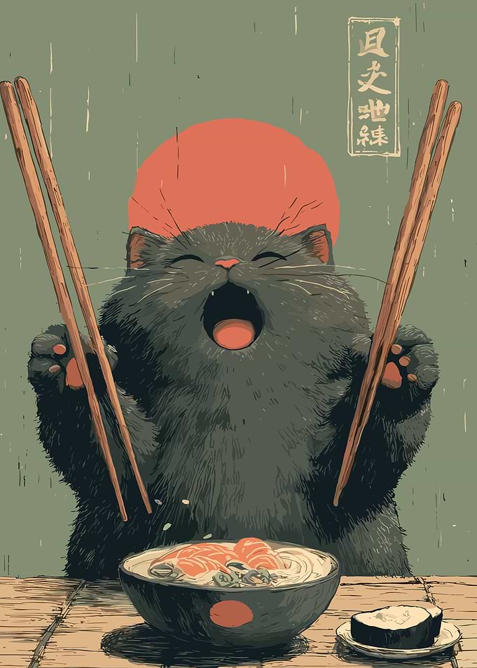 Cat Eating Ramen with Chopsticks