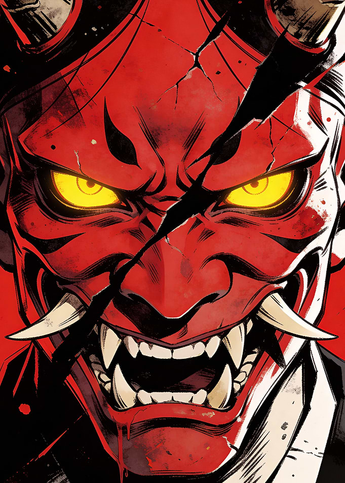 Red Oni Mask with Yellow Eyes
