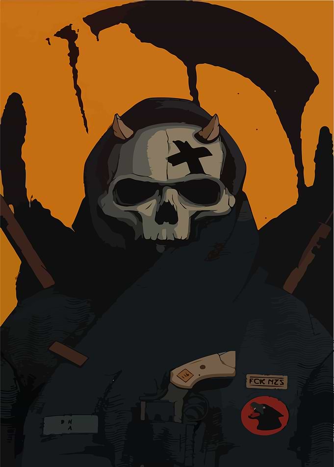 Grim Reaper Skull with Horns and Gun