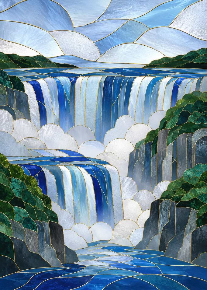 Stained Glass Waterfall Landscape