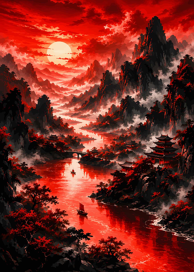 Misty Mountains River Sunset