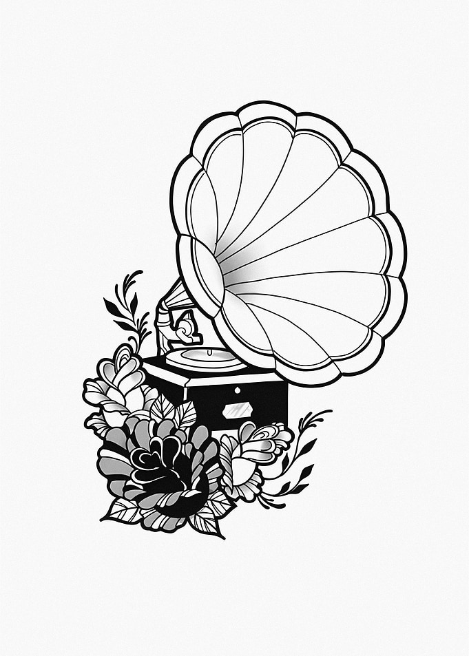 Gramophone with Flowers Tattoo Design